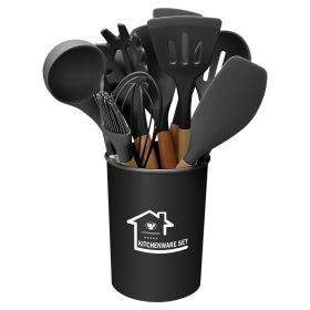 11Pcs Silicone Cooking Utensil Set Heat Resist Wooden Handle Silicone Spatula Turner Ladle Spaghetti Server Tongs Spoon Egg Whish Kitchenware Set w/ H (Option: UtensilSetBlack)